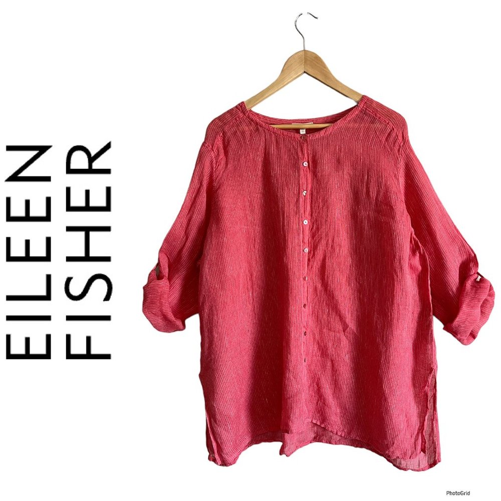 ❌Eileen Fisher 3X 100% Linen Gauze Button Down Top Blouse Red 3XL